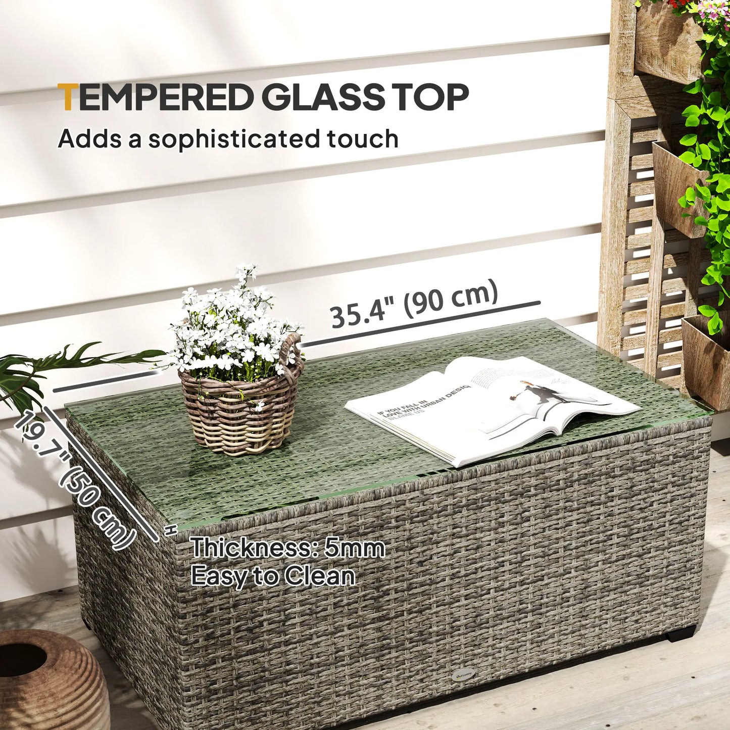 PE Wicker Outdoor Coffee Table, Rectangular Patio Table With Tempered Glass Top, Dark Grey Patio Side Tables at Gallery Canada