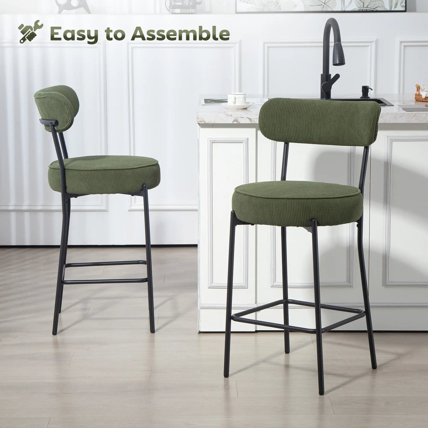Set of 2 Barstools, Upholstered Corduroy, Backrest, Footrest, Green Bar Stools at Gallery Canada
