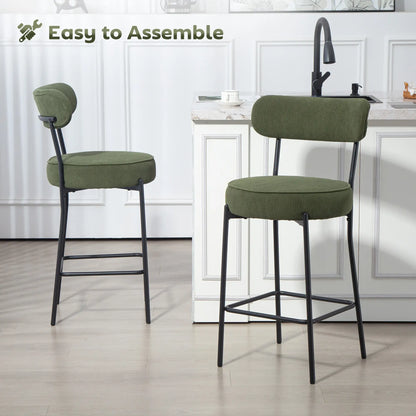 Set of 2 Barstools, Upholstered Corduroy, Backrest, Footrest, Green Bar Stools at Gallery Canada