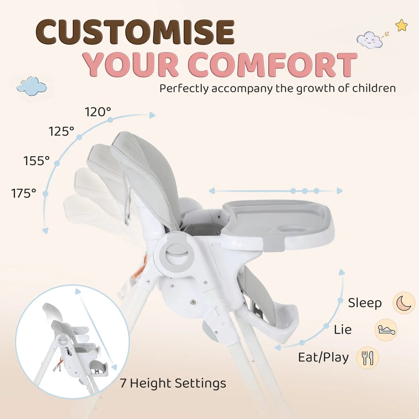 High Chair with Wheels, Double Tray, Foldable Baby Seat with Adjustable Seat Height, Backrest, Footrest and Tray, Grey