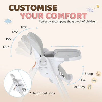 High Chair with Wheels, Double Tray, Foldable Baby Seat with Adjustable Seat Height, Backrest, Footrest and Tray, Grey