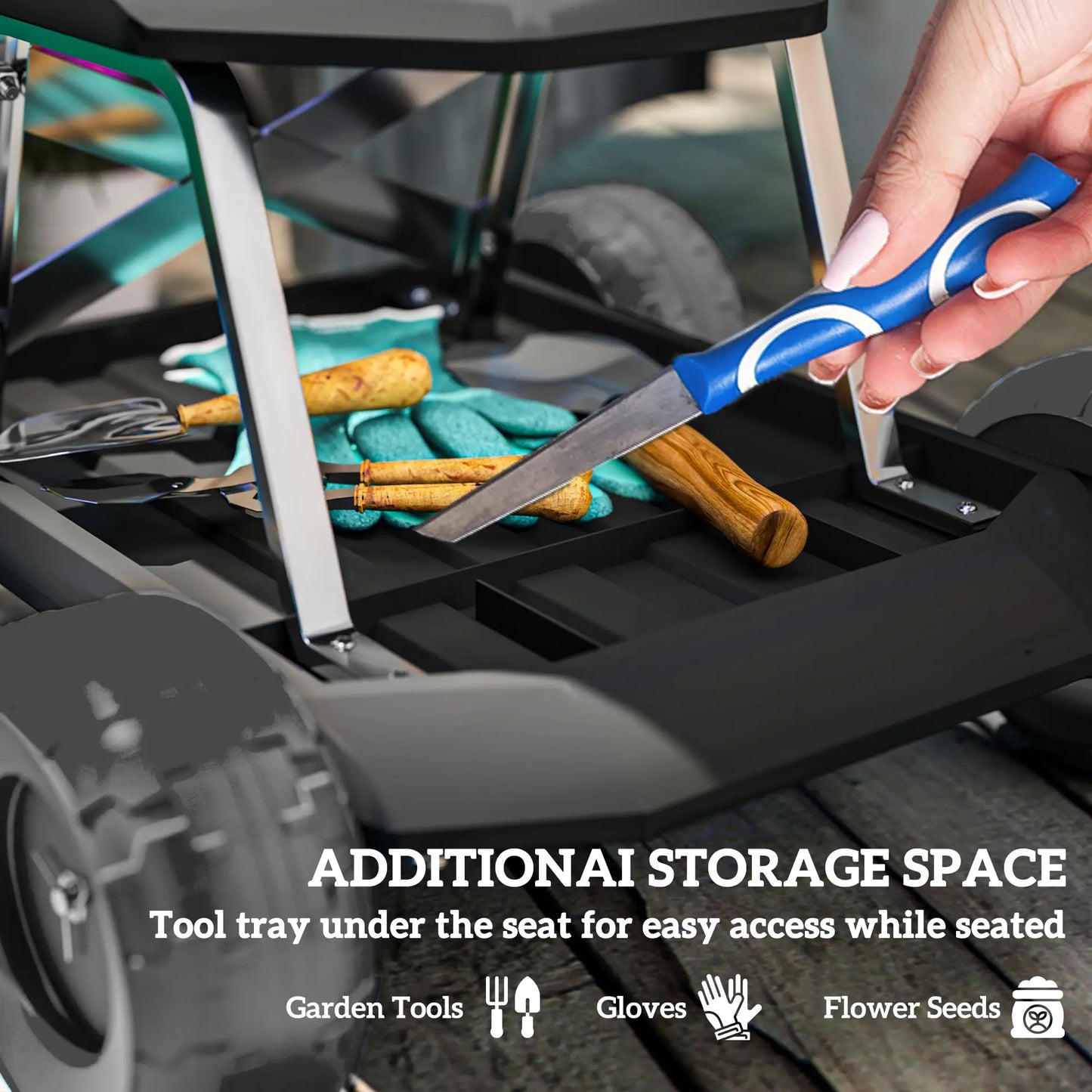 Rolling Garden Stool With Tool Tray, 19.7" x 19.3" x 12.6", Black Garden Accessories at Gallery Canada