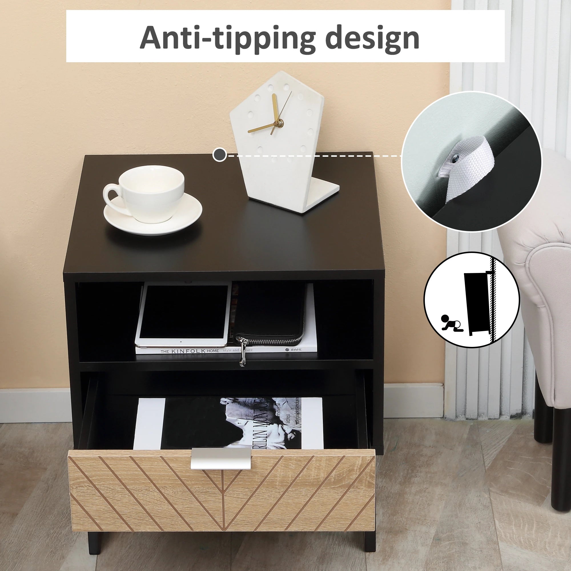 Modern Bedside Table with Drawer, Storage Shelf, Oak, Black Bedside Tables at Gallery Canada