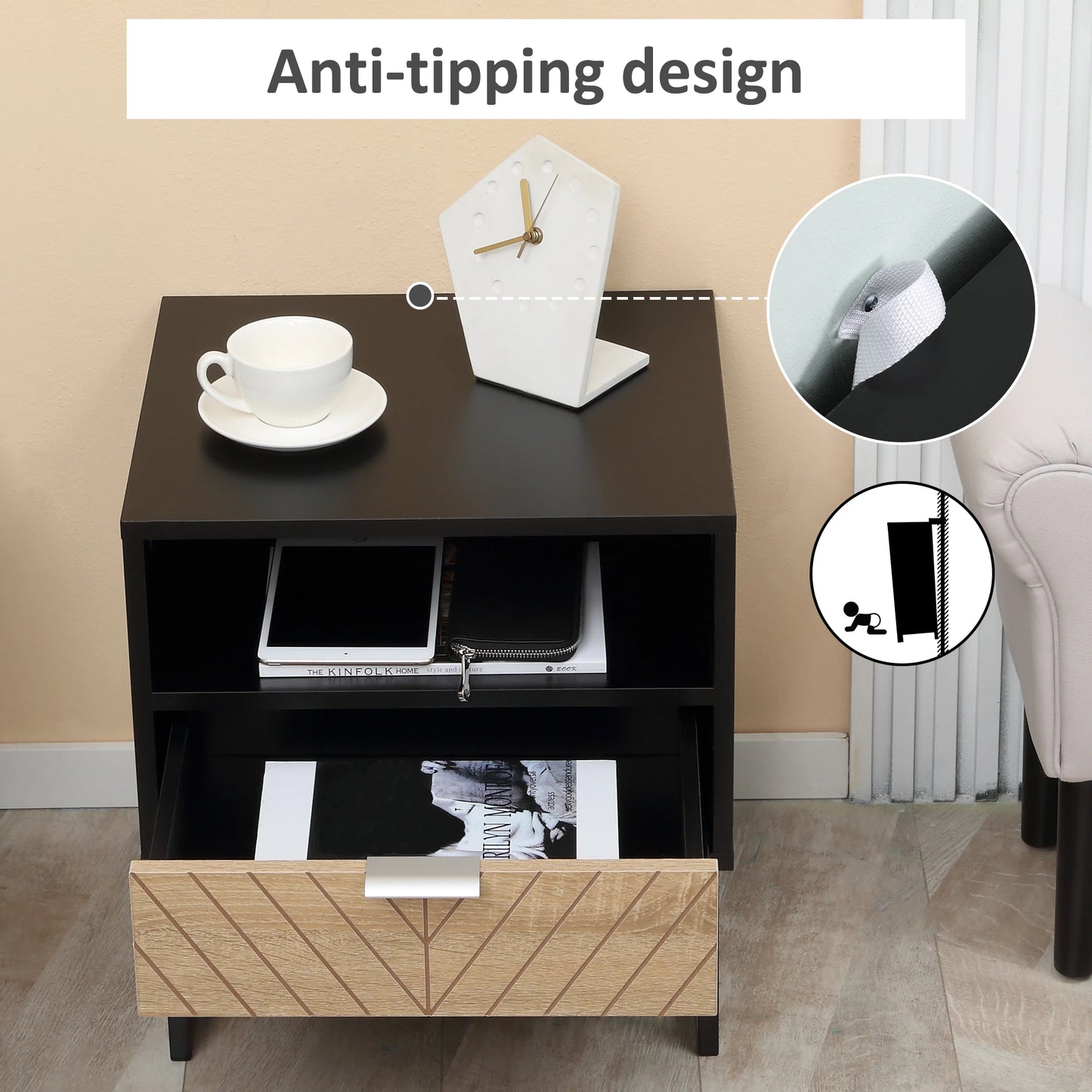 Modern Bedside Table with Drawer, Storage Shelf, Oak, Black Bedside Tables at Gallery Canada
