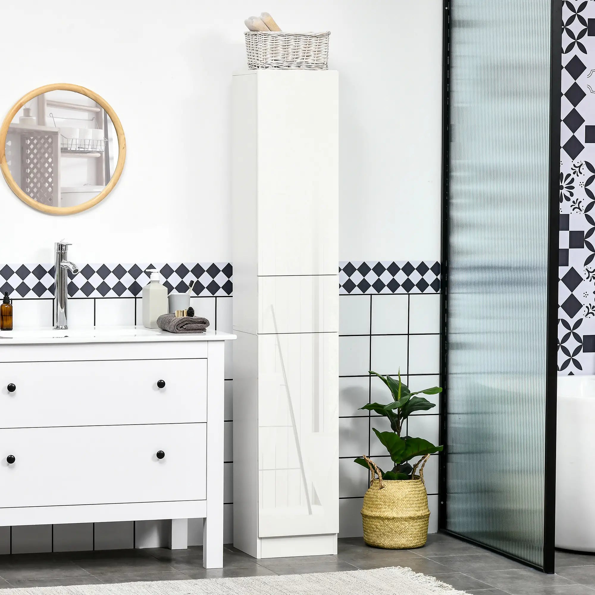 Tall Narrow Bathroom Cabinet with Doors, Drawer, Adjustable Shelves, High Gloss, White Bathroom Cabinets at Gallery Canada
