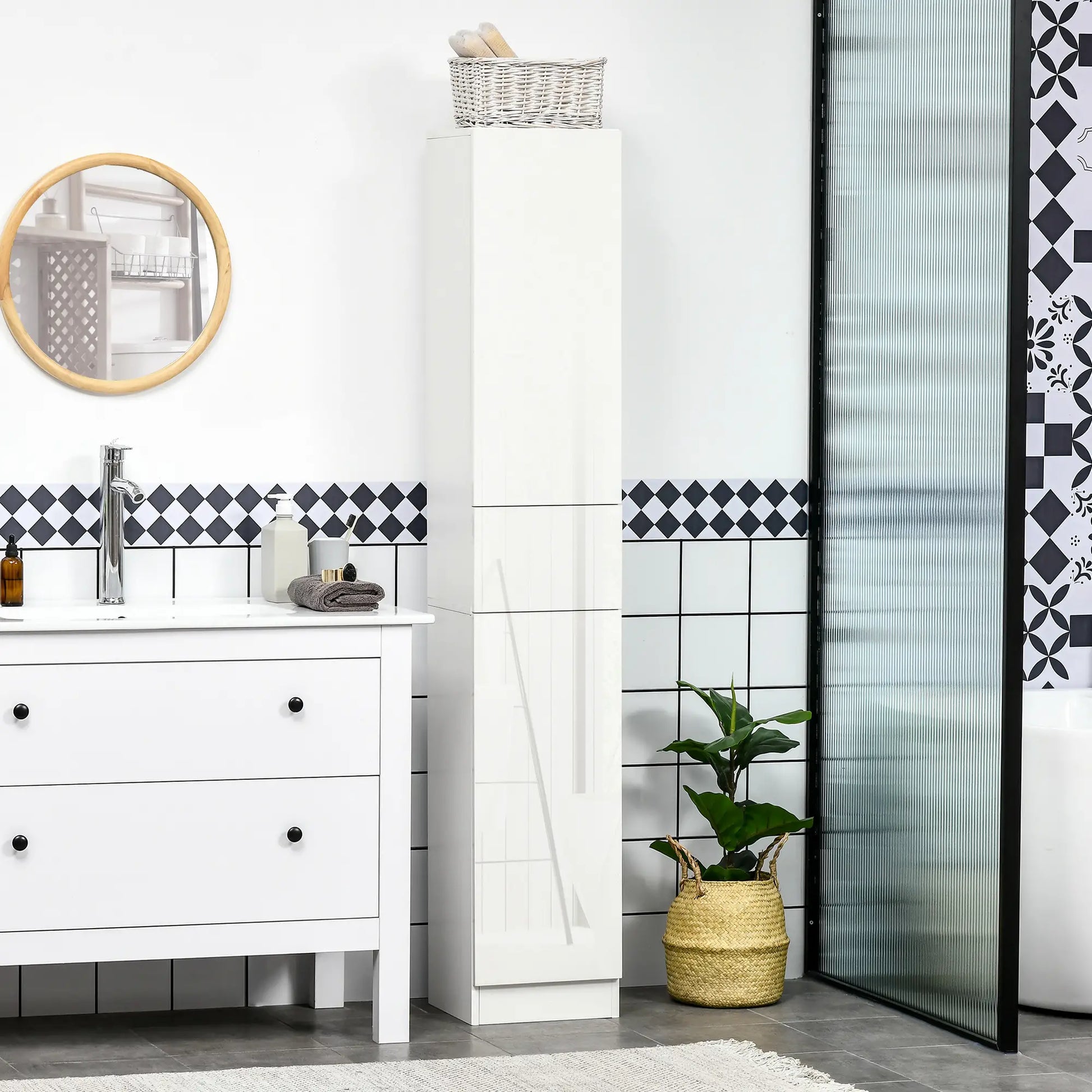 Tall Narrow Bathroom Cabinet with Doors, Drawer, Adjustable Shelves, High Gloss, White Bathroom Cabinets at Gallery Canada