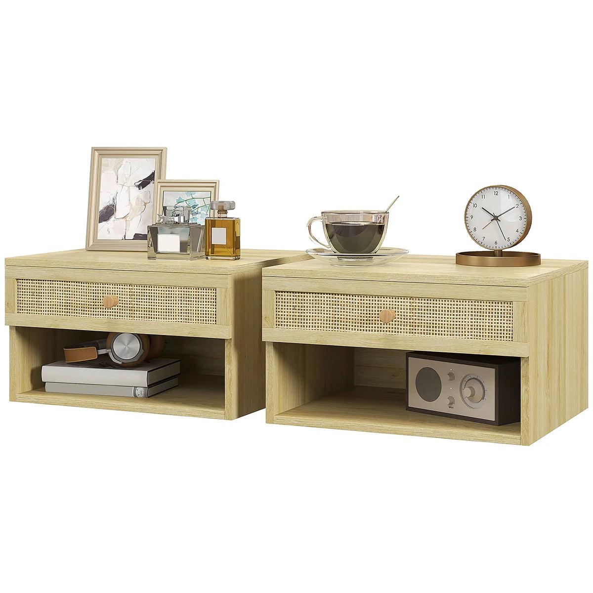 Floating Nightstand Set of 2, Wall Mounted Bedside Table with Drawer, Natural Wood Bedside Tables Natural at Gallery Canada