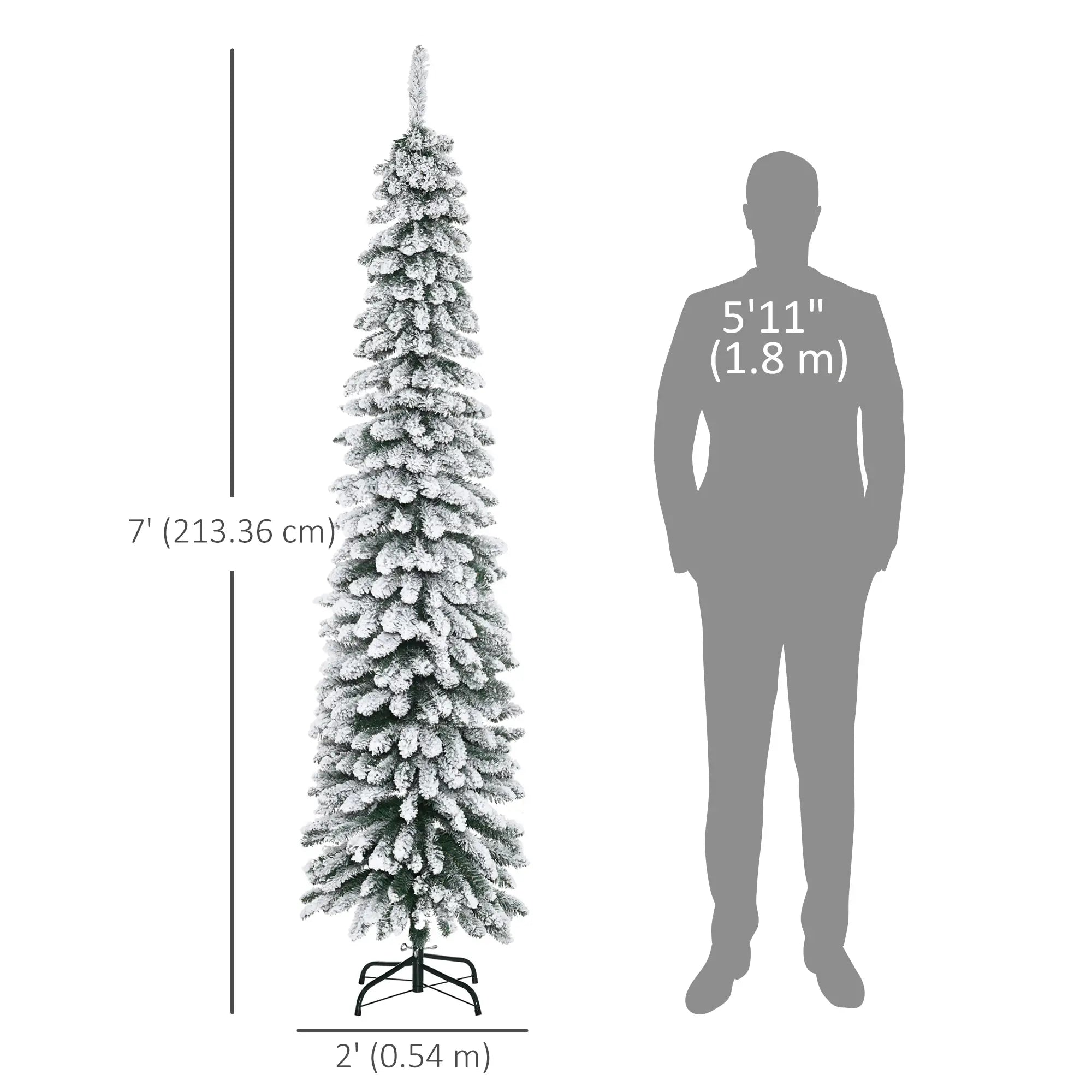 7ft Snow-Flocked Artificial Christmas Tree, Slim Pencil, 490 Branches, Metal Base, Green Pencil Christmas Trees at Gallery Canada