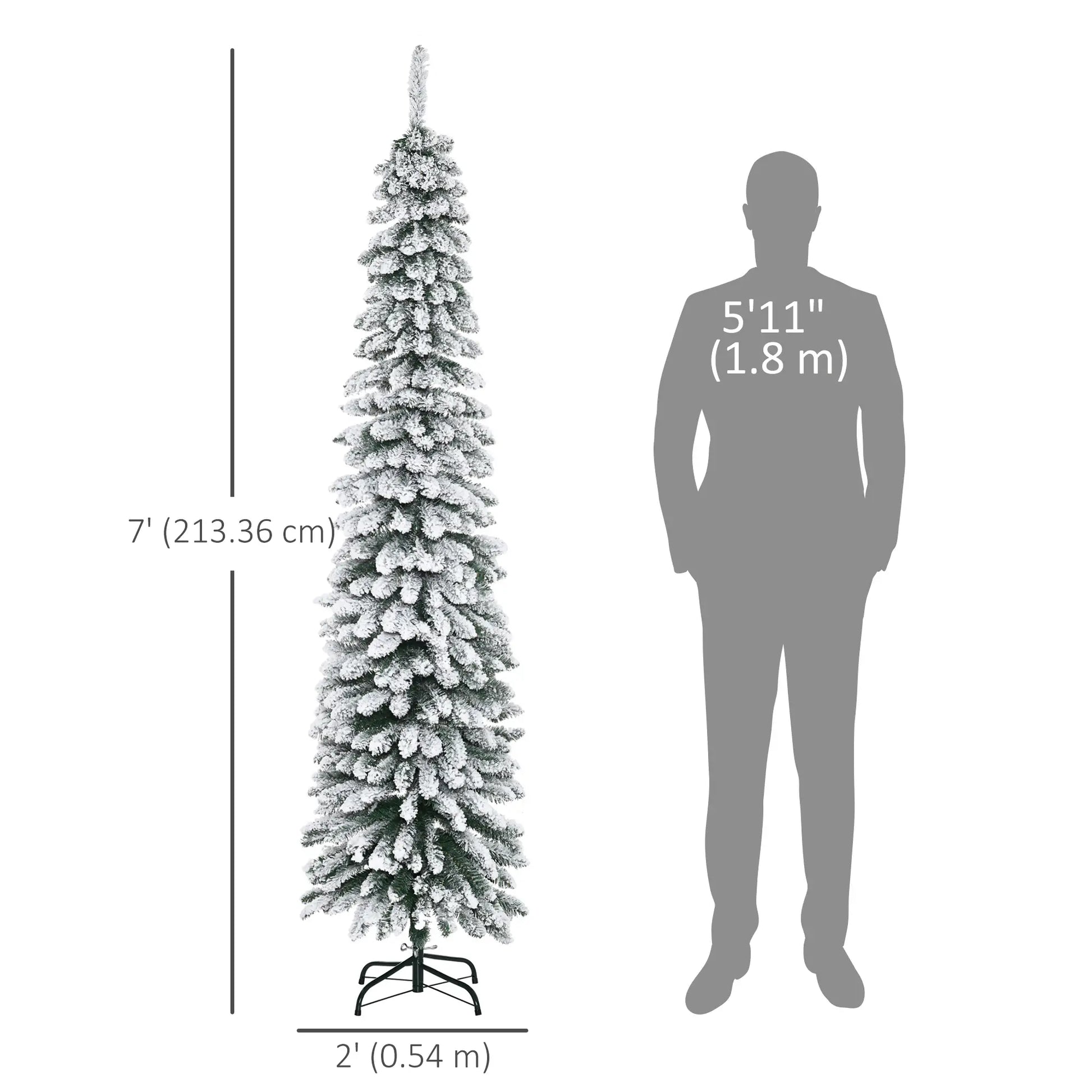 7ft Snow-Flocked Artificial Christmas Tree, Slim Pencil, 490 Branches, Metal Base, Green Pencil Christmas Trees at Gallery Canada
