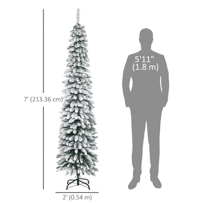 7ft Snow-Flocked Artificial Christmas Tree, Slim Pencil, 490 Branches, Metal Base, Green Pencil Christmas Trees at Gallery Canada