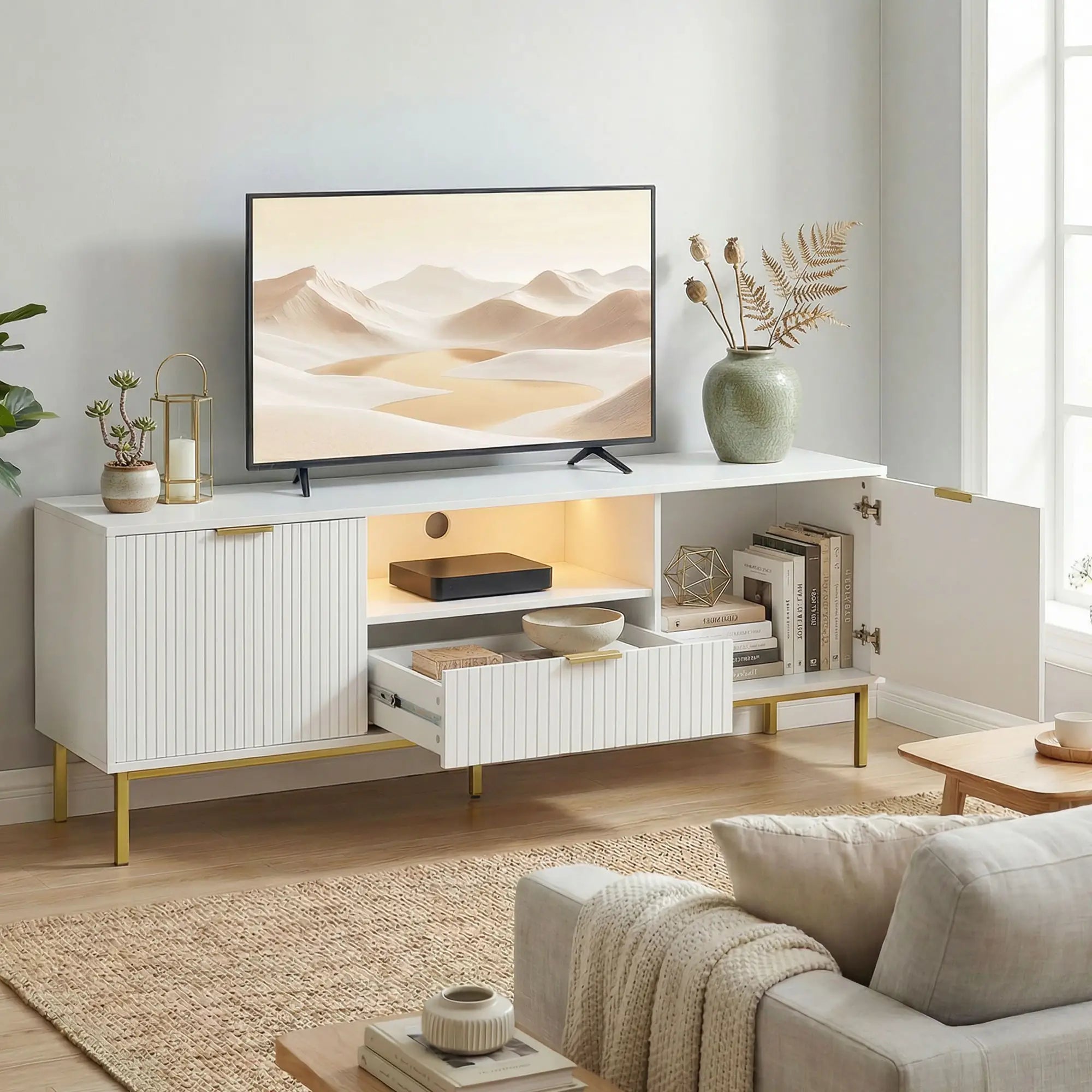 TV Console For 50 Inch TVs, Smart RGB LED Lights, Soft Close Doors, White TV Stands at Gallery Canada