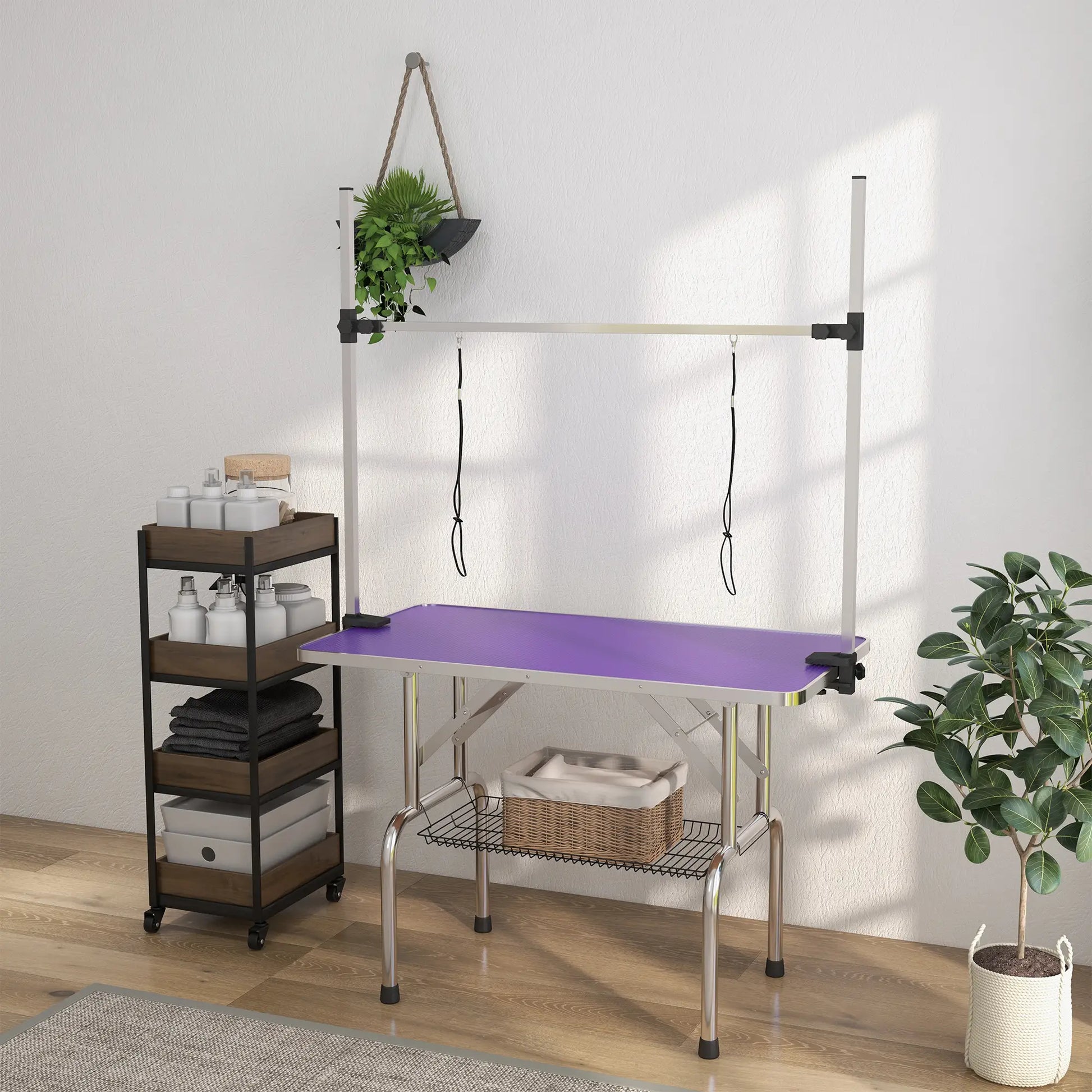 Adjustable Dog Grooming Table, 2 Safety Slings, Storage Basket, Purple Dog Grooming Tables at Gallery Canada