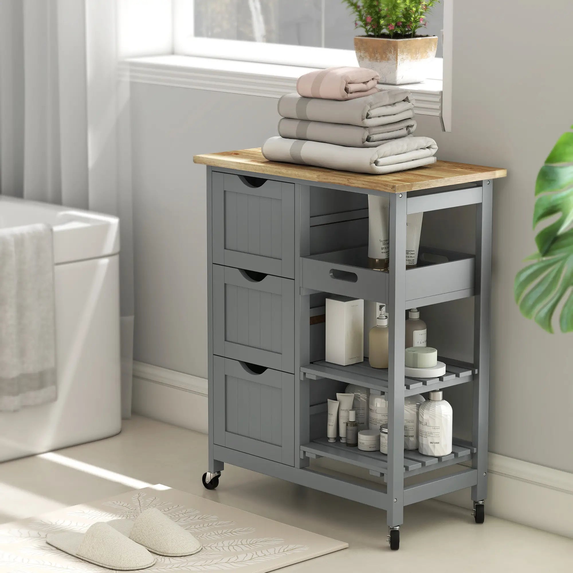 Kitchen Cart on Wheels, Wood Top, 3 Drawers, Shelves Kitchen Islands & Kitchen Carts at Gallery Canada