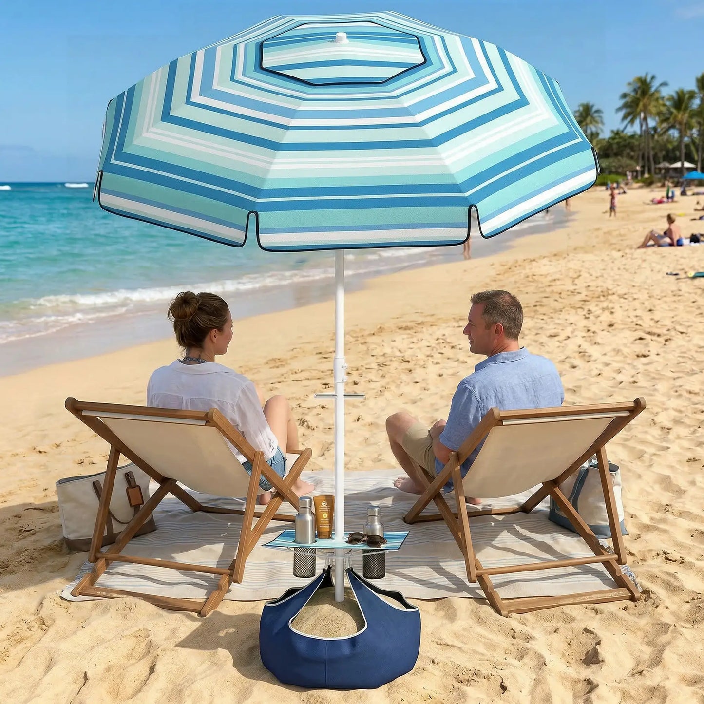 6 ft Portable Beach Umbrella With Foldable Table, Tilting Sun Shade, Dark Blue