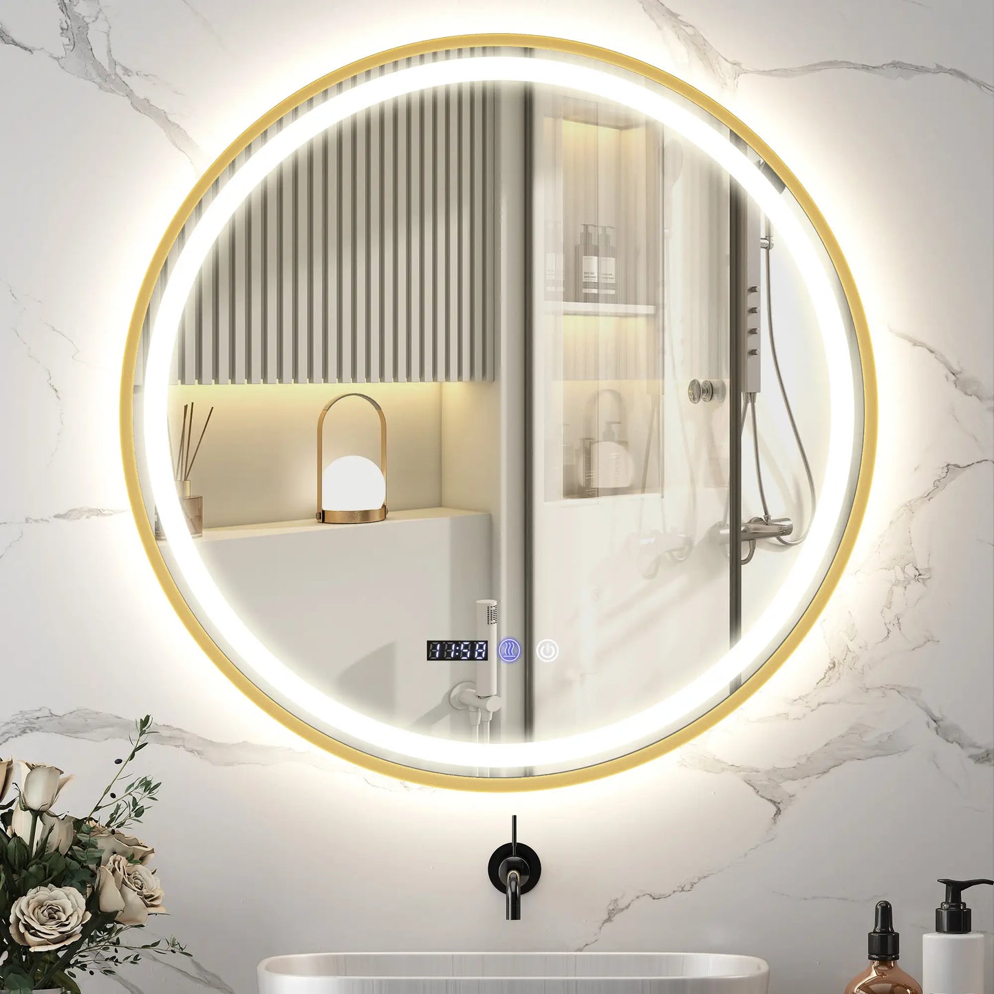 28" Round LED Bathroom Mirror, Anti-Fog, Time Temp Display, Gold Wall Mirrors at Gallery Canada