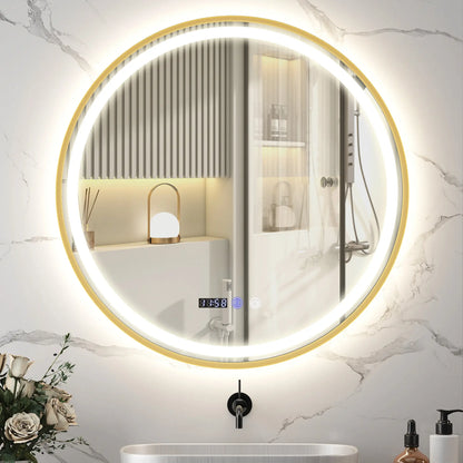 28" Round LED Bathroom Mirror, Anti-Fog, Time Temp Display, Gold Wall Mirrors at Gallery Canada