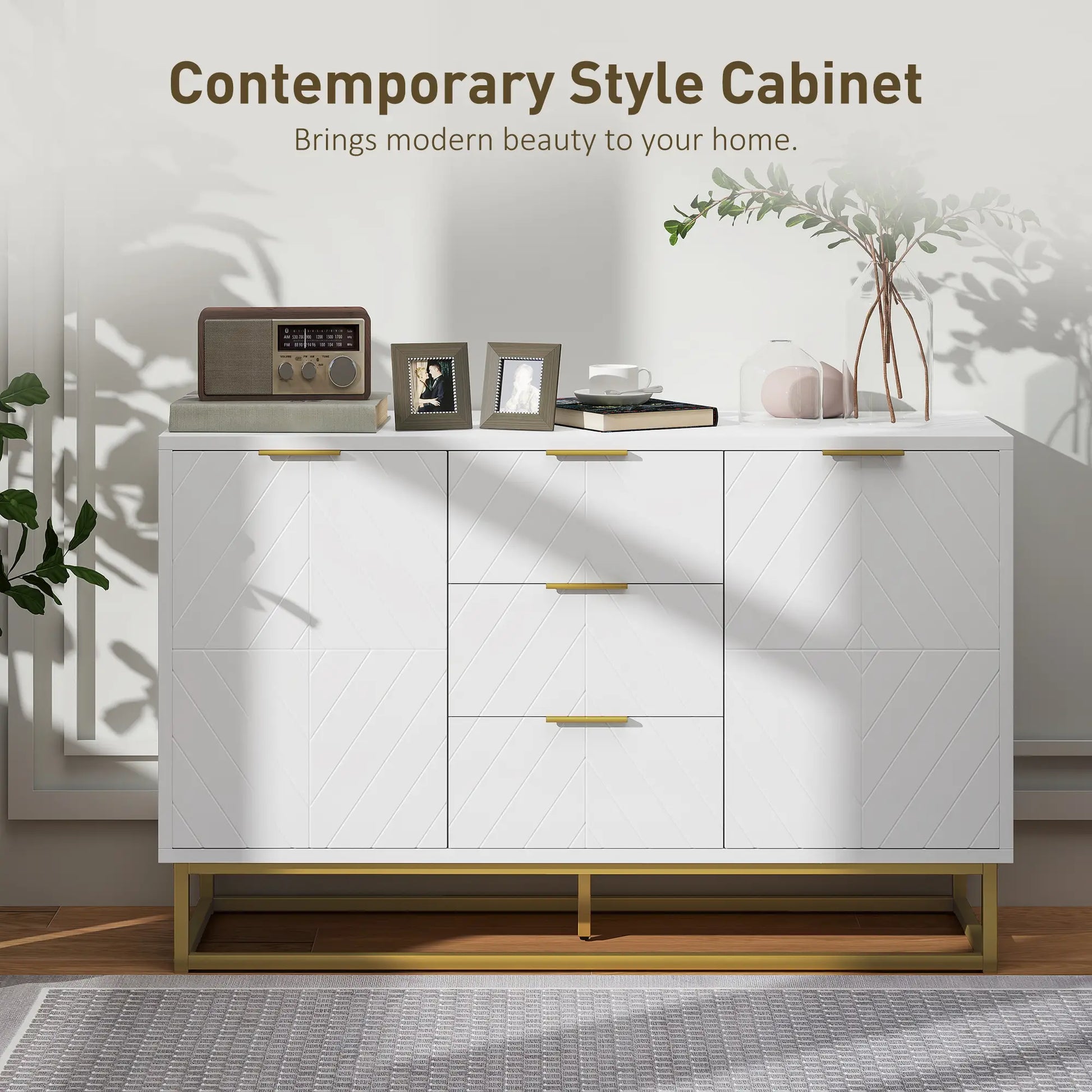 47" Sideboard Buffet Cabinet, Adjustable Shelves, Metal Legs, White Bar Cabinets at Gallery Canada