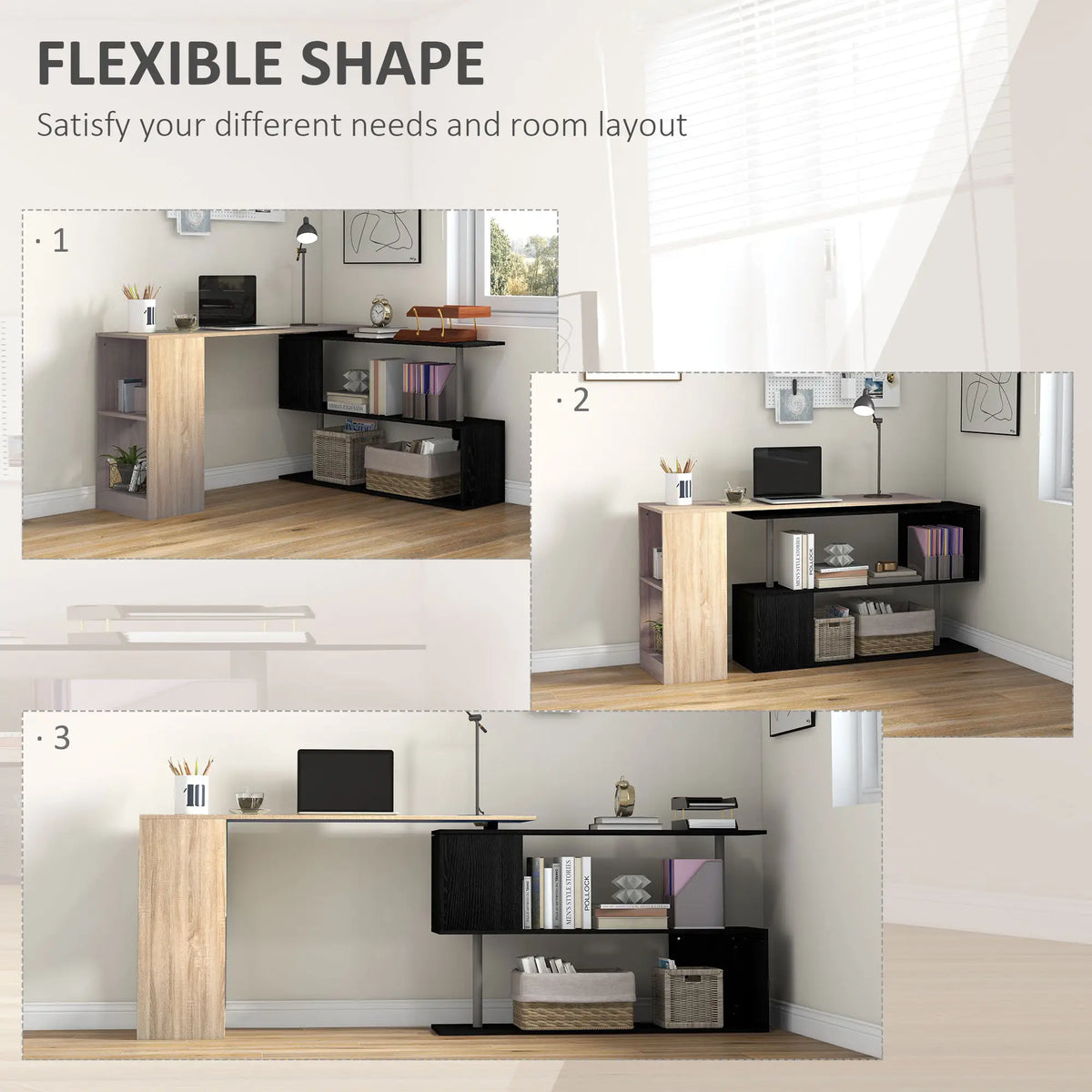 55" Corner Computer Desk, L-Shaped Rotating Workstation, 3-Tier Shelves Computer Desks at Gallery Canada