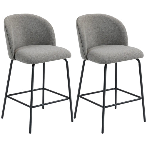 Set of 2 Counter Height Barstools, Upholstered Linen with Backrest, Dark Grey