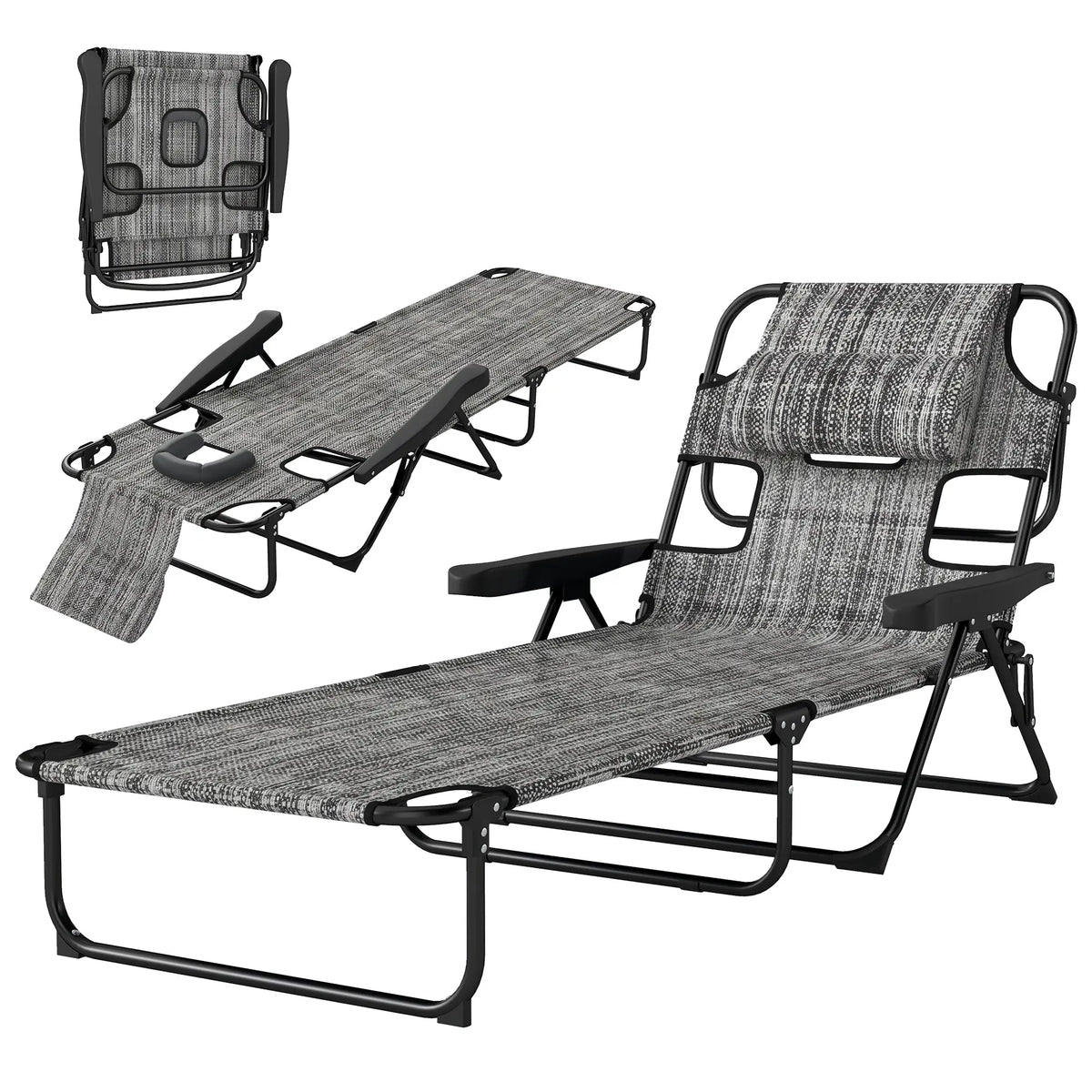 Folding Lounge Chair, Reclining Back, Mixed Grey, Grey