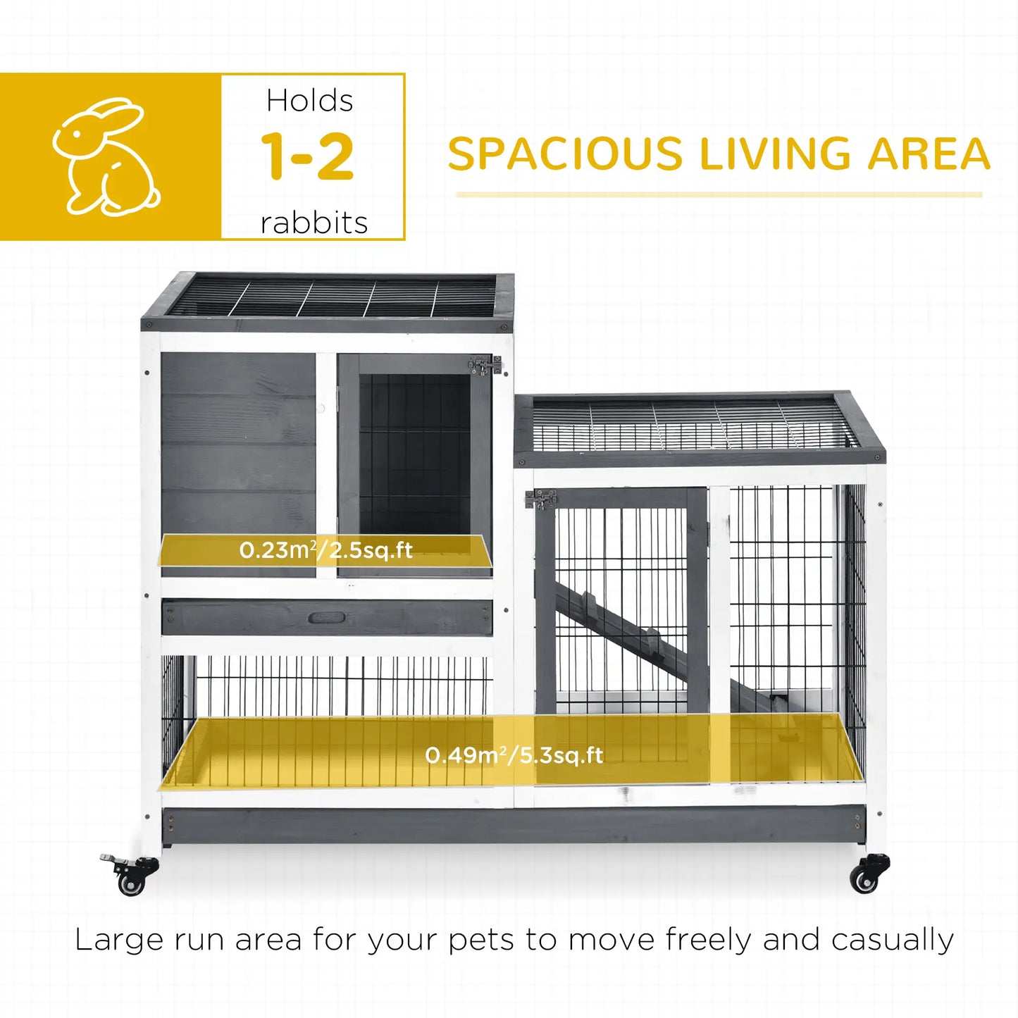 Wooden Rabbit Hutch, Indoor Bunny Cage with Wheels, Pull Out Trays, Run, Grey Rabbit Hutch at Gallery Canada