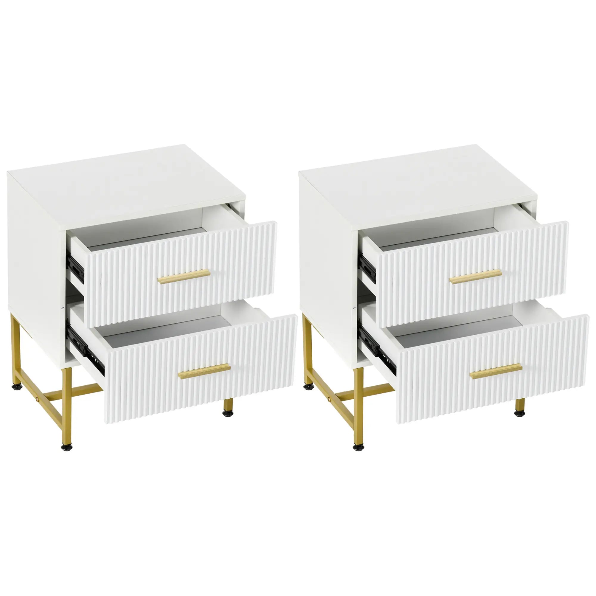 2 Nightstands with Storage, Modern Bedside Tables, 2 Fluted Drawers, Gold Legs, White Bedside Tables White at Gallery Canada