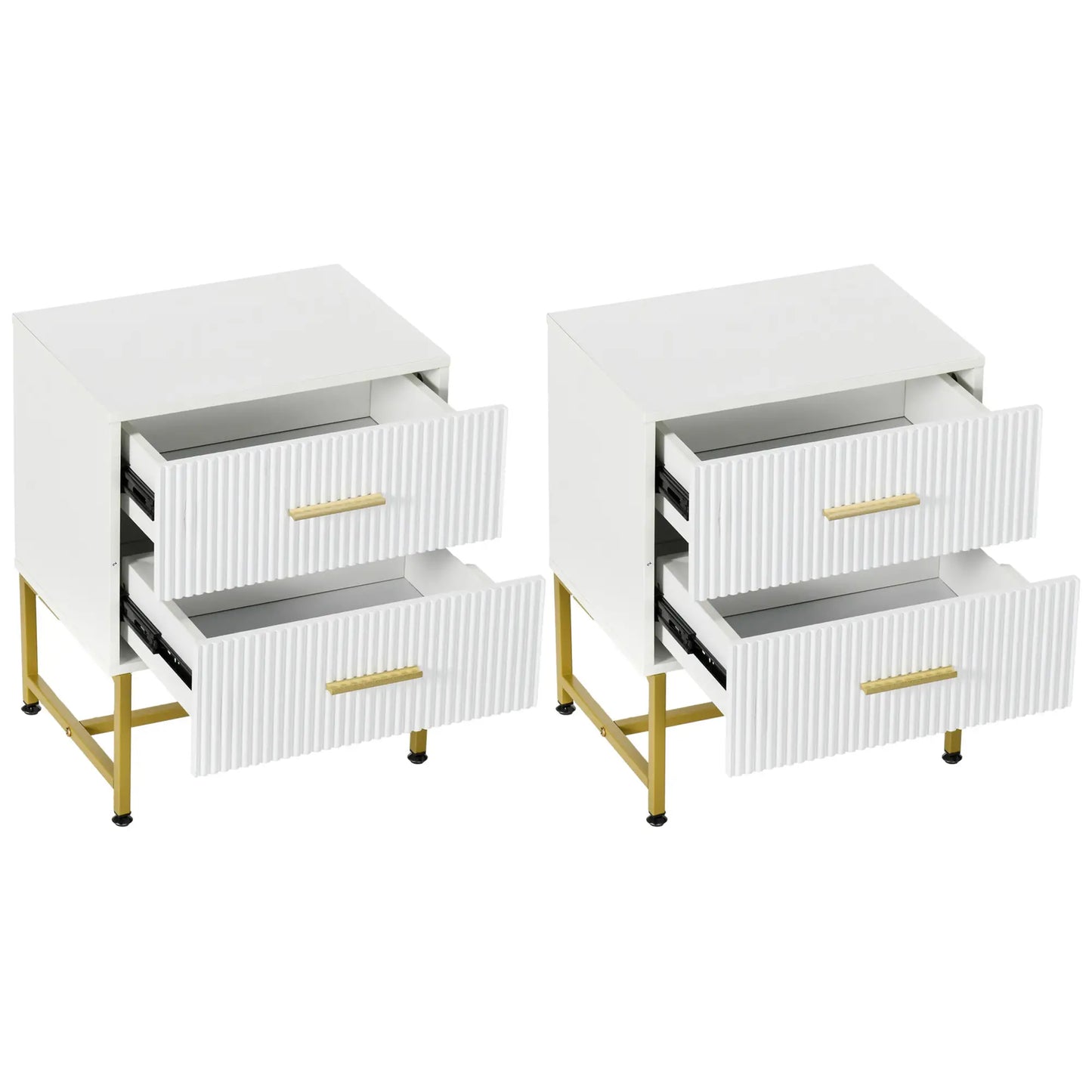 2 Nightstands with Storage, Modern Bedside Tables, 2 Fluted Drawers, Gold Legs, White Bedside Tables White at Gallery Canada