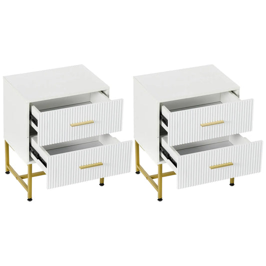 2 Nightstands with Storage, Modern Bedside Tables, 2 Fluted Drawers, Gold Legs, White Bedside Tables White at Gallery Canada