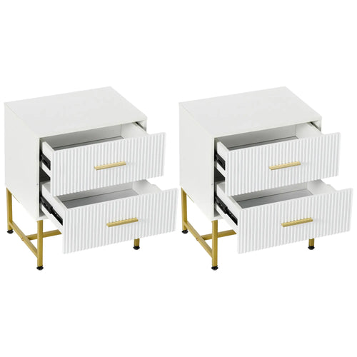 2 Nightstands with Storage, Modern Bedside Tables, 2 Fluted Drawers, Gold Legs, White