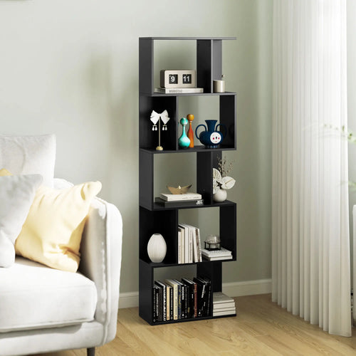 5-Tier Geometric Bookshelf, S Shaped Bookcase, Black
