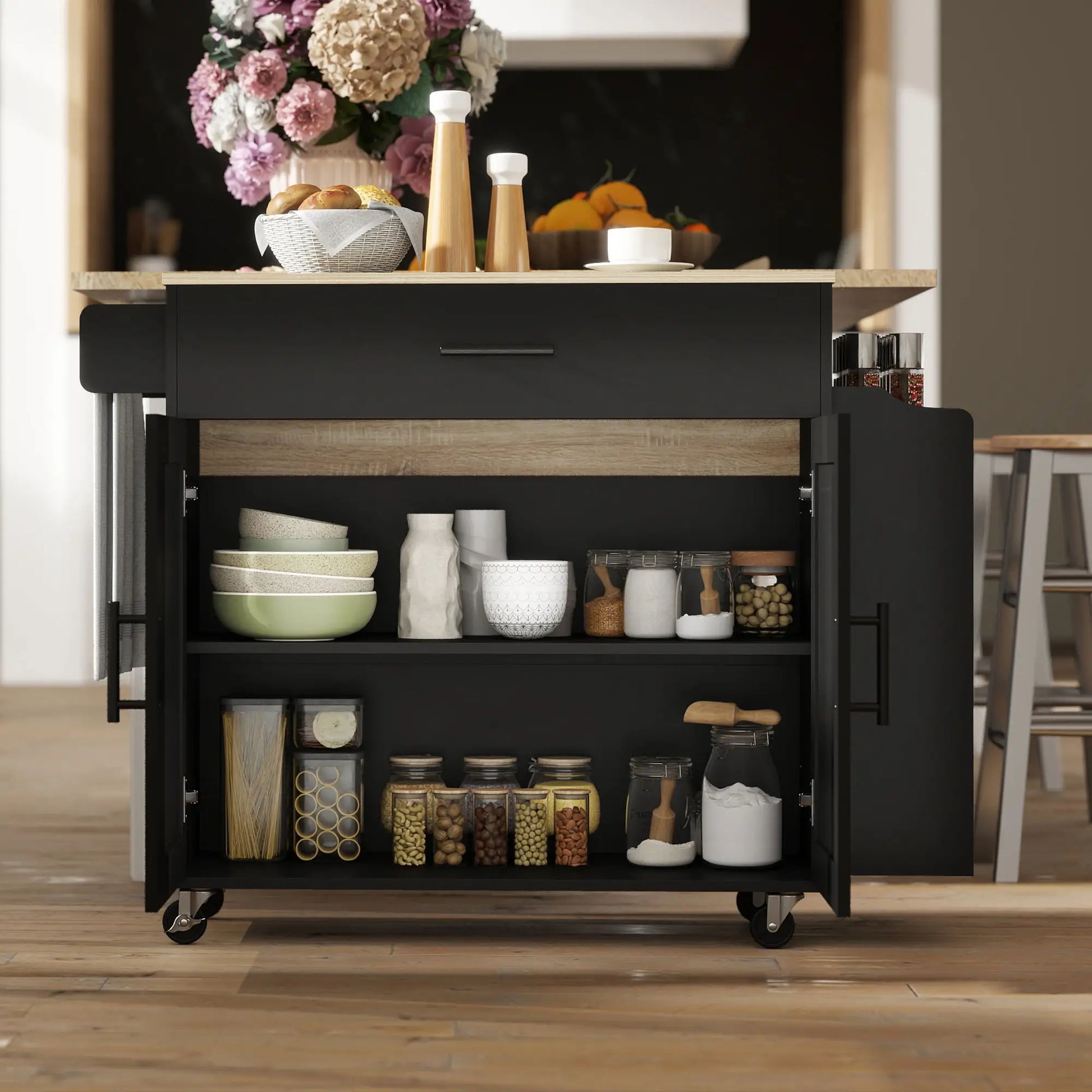 Kitchen Island with Storage, Rolling Cart, Foldable Drop Leaf, Power Outlet, USB Ports, Black Kitchen Islands & Kitchen Carts at Gallery Canada