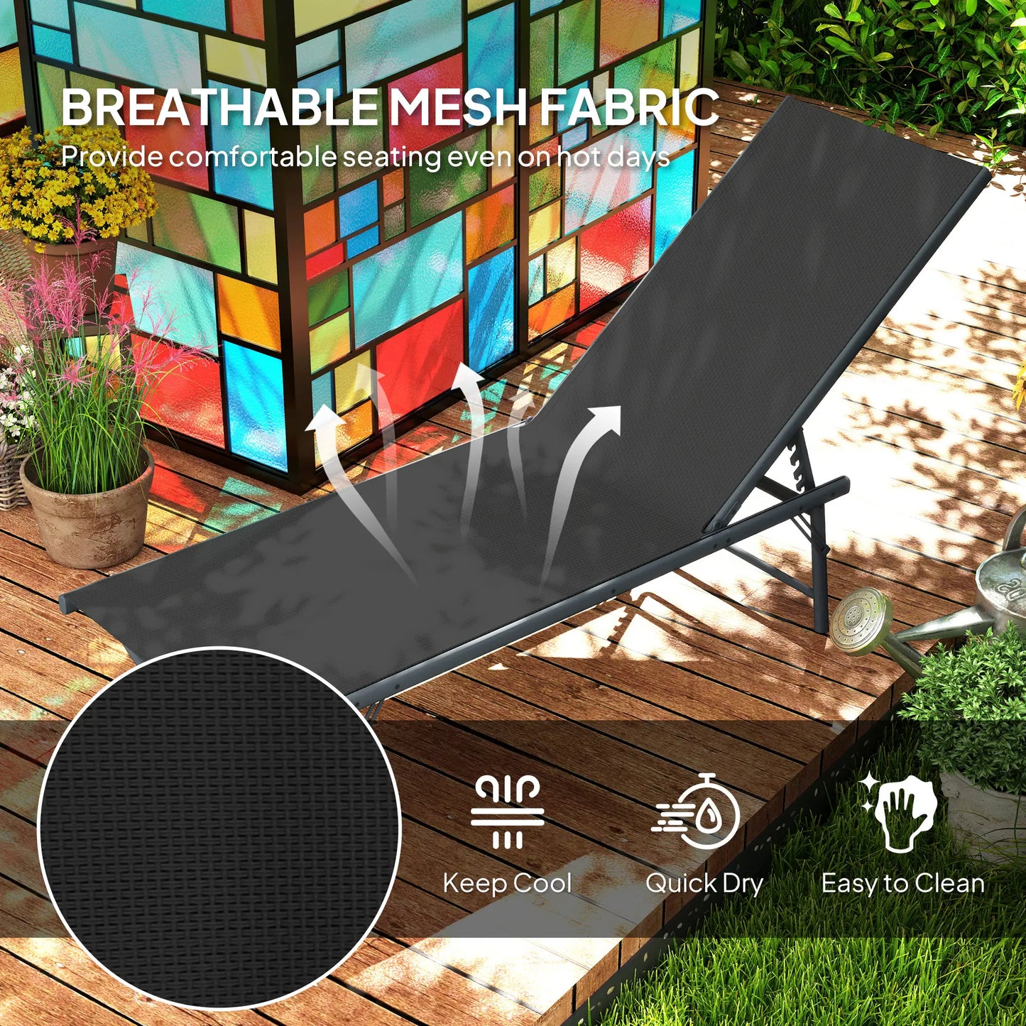 Folding Outdoor Lounge Chairs, 2 Pieces, Adjustable Back, Mesh Seat, Black