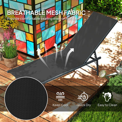 Folding Outdoor Lounge Chairs, 2 Pieces, Adjustable Back, Mesh Seat, Black