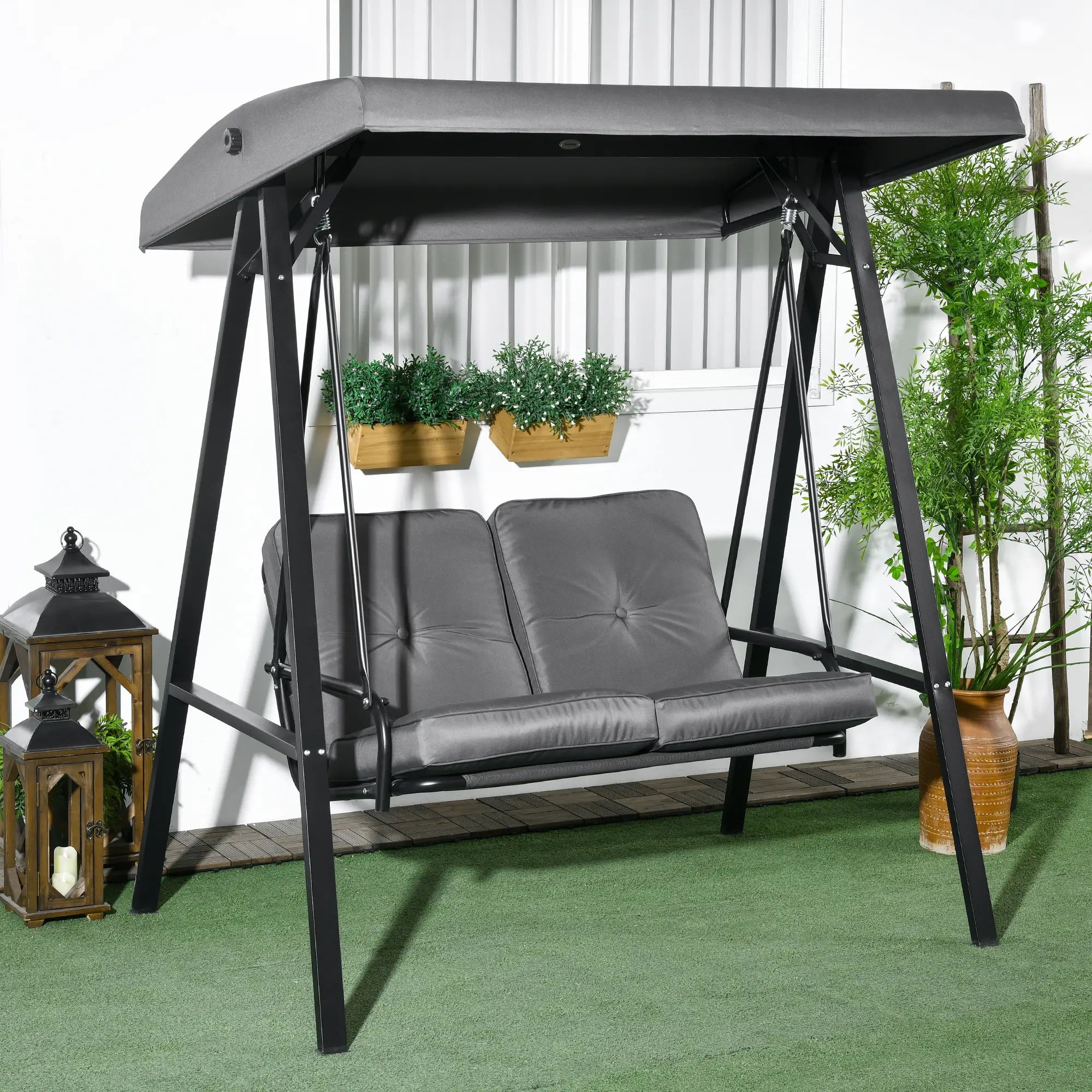 2-Seater Outdoor Swing with Canopy, Patio Chair, Dark Grey Patio Swings with Stand at Gallery Canada