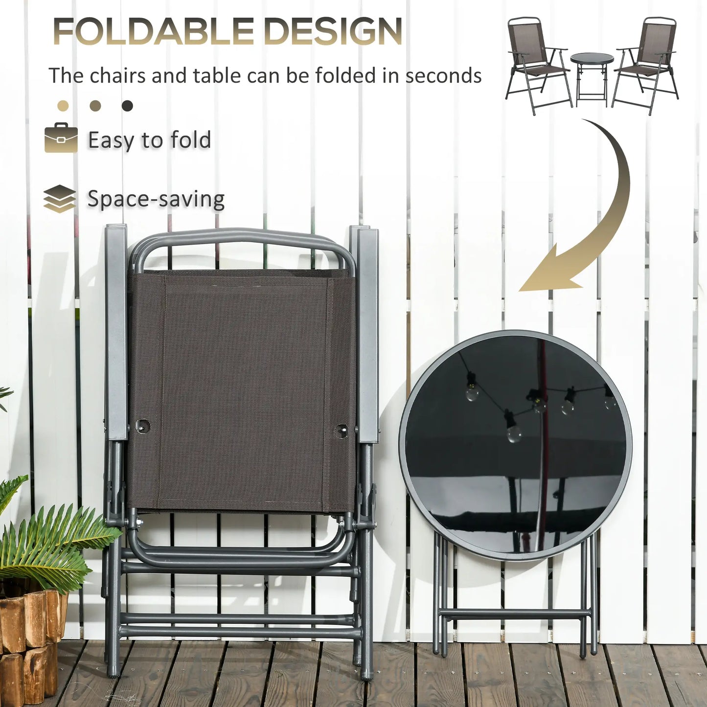 3 Piece Bistro Set, Foldable Mesh Chairs, Glass Table, Charcoal Grey Bistro Sets at Gallery Canada