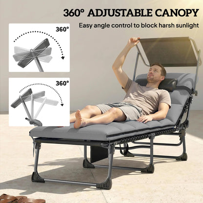 2 PCS Folding Chaise Lounge Chairs, Adjustable 5-Position, Cushion, Canopy, Side Pocket