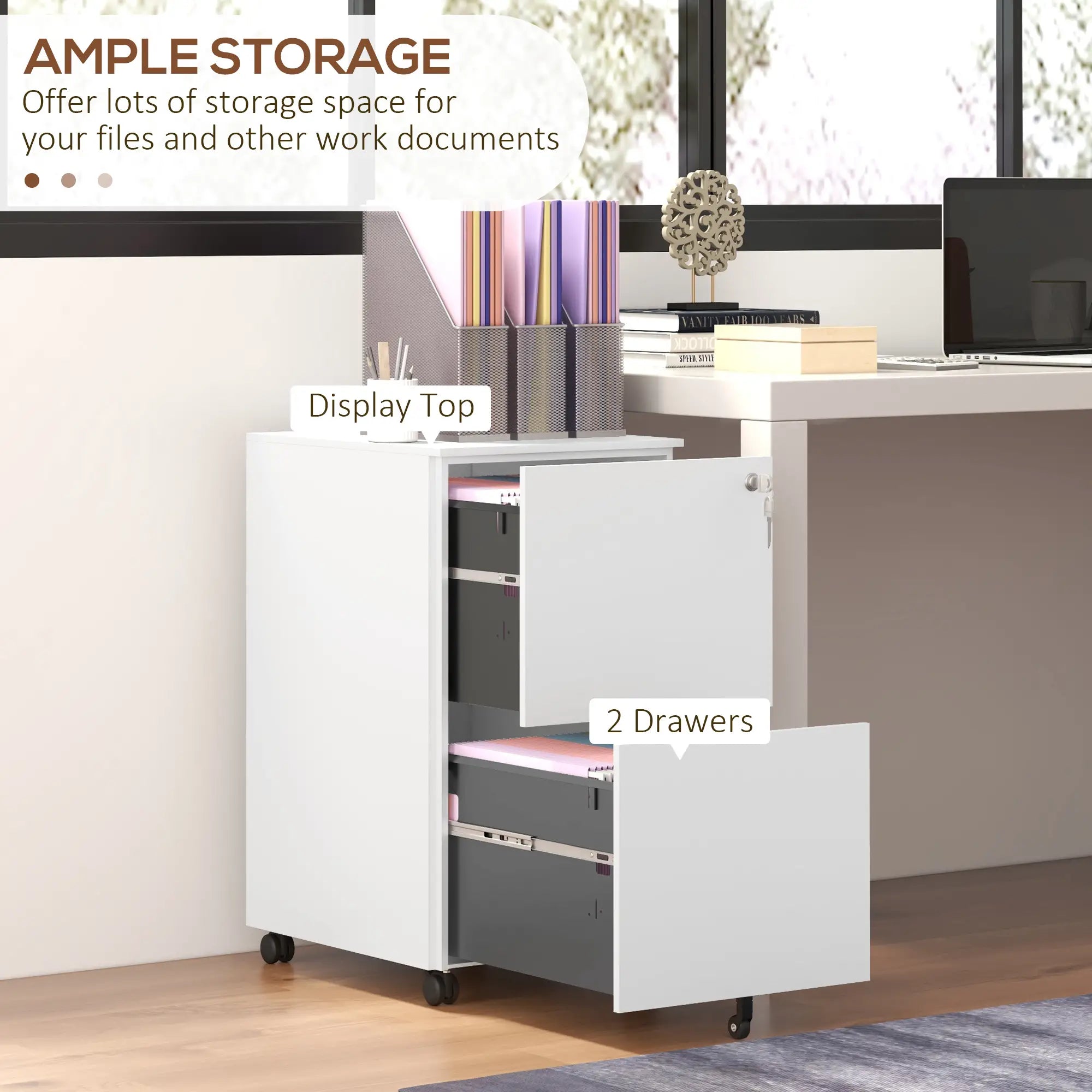 2-Drawer Steel Filing Cabinet on Wheels, Lockable, Adjustable Hanging Bar, White Office Cabinets & Cupboards at Gallery Canada