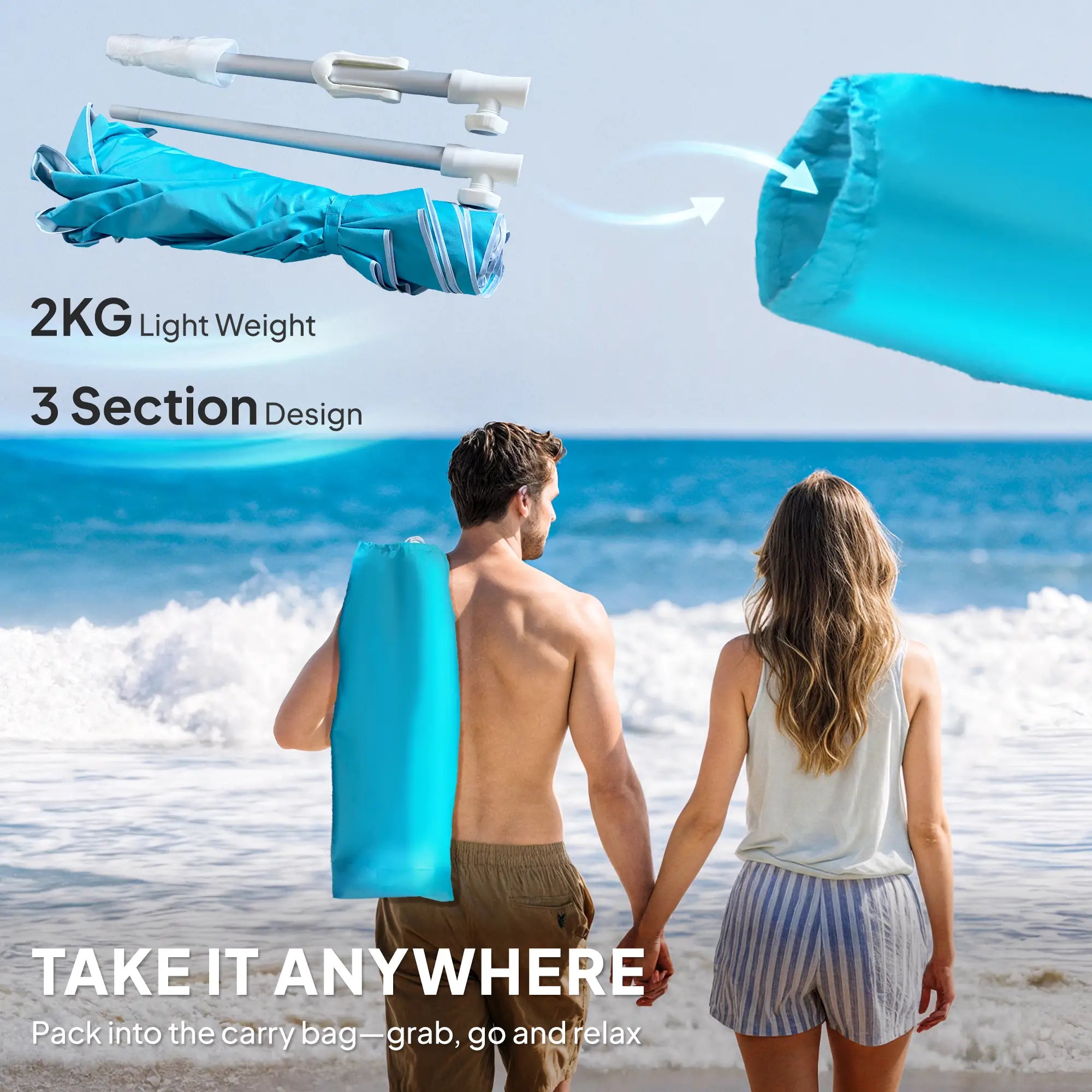 6 ft Beach Umbrella, Portable, Sand Anchor, Carry Bag, Adjustable, UPF50+, Blue Beach Umbrellas at Gallery Canada