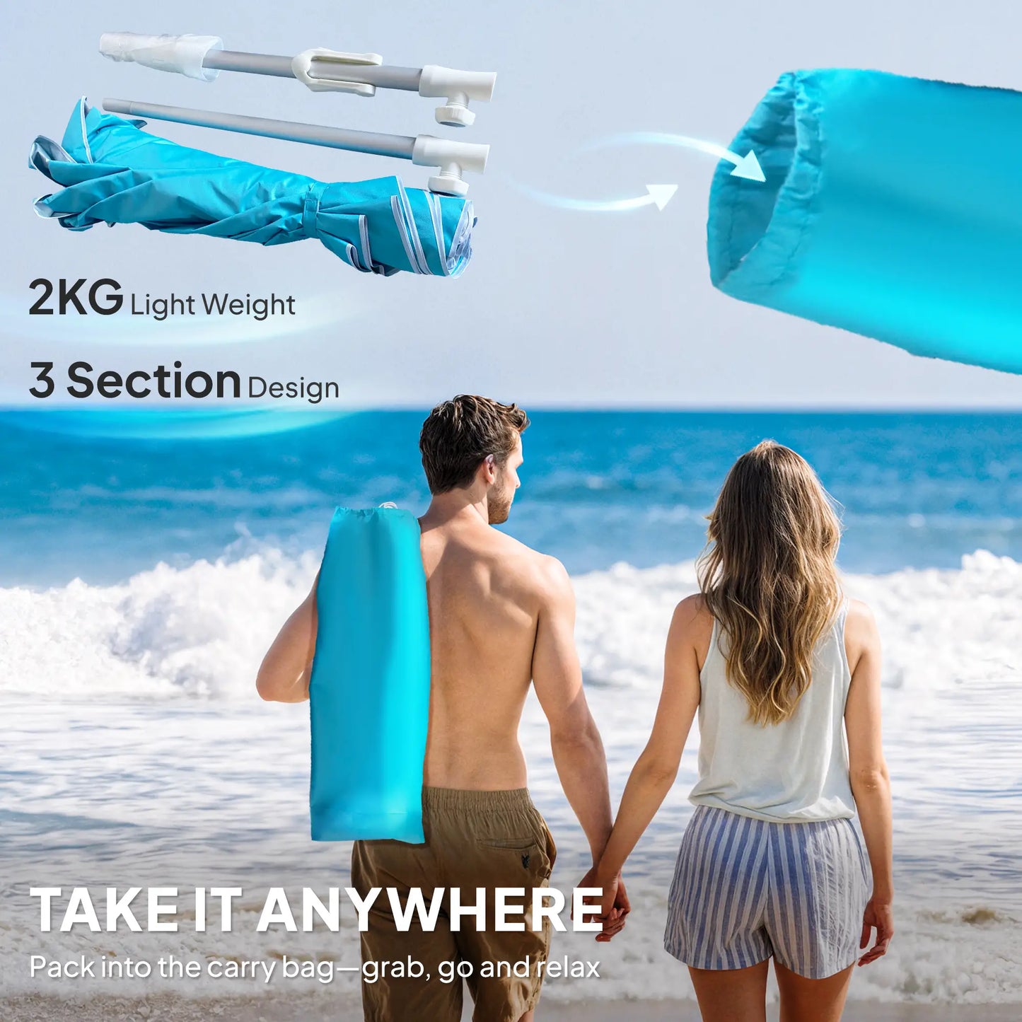 6 ft Beach Umbrella, Portable, Sand Anchor, Carry Bag, Adjustable, UPF50+, Blue Beach Umbrellas at Gallery Canada