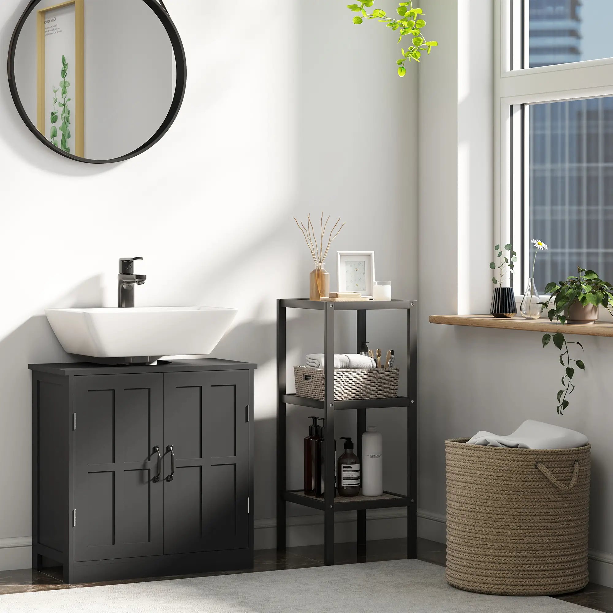 Pedestal Under Sink Vanity Cabinet, Double Doors, Adjustable Shelf, Black Sink Cabinets at Gallery Canada