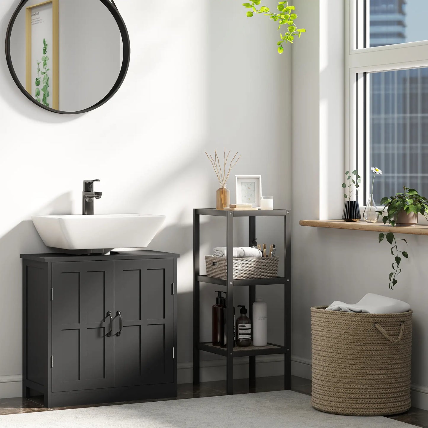 Pedestal Under Sink Vanity Cabinet, Double Doors, Adjustable Shelf, Black Sink Cabinets at Gallery Canada