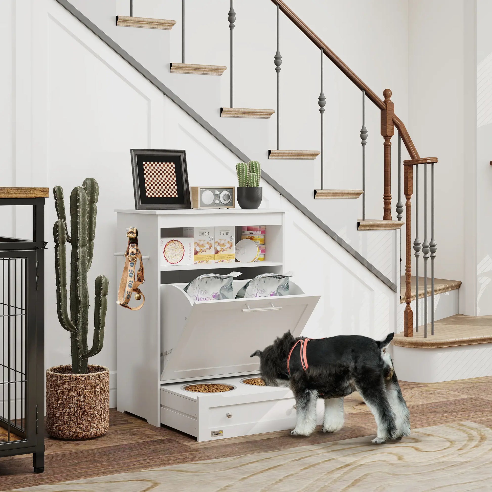 Pet Feeder Station, Dog Food Storage Cabinet with Bowls, Gray Dog Bowls at Gallery Canada