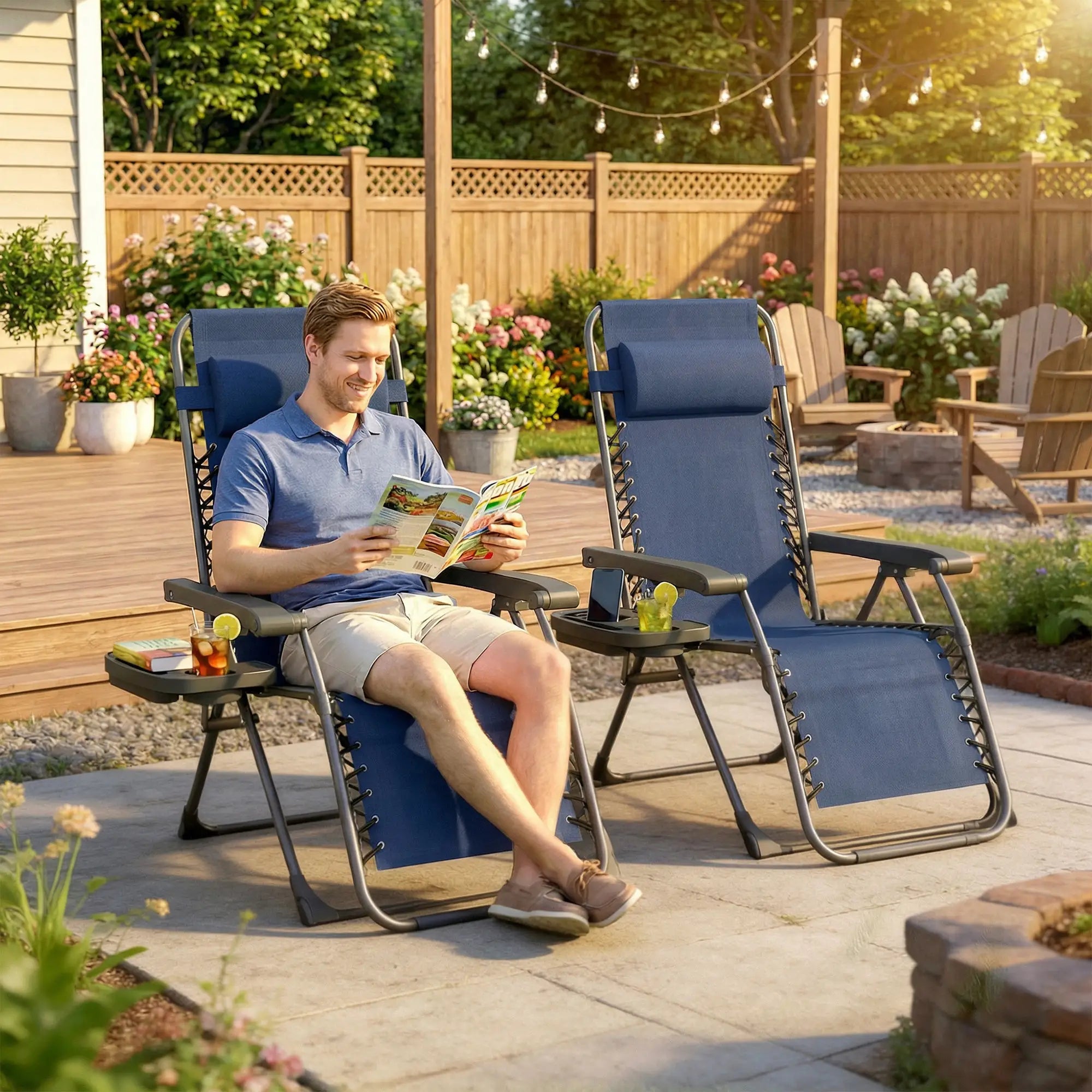 Zero Gravity Chair Set Of 2, Folding Reclining Outdoor Lounge Chair, Dark Blue Lounger Chairs at Gallery Canada