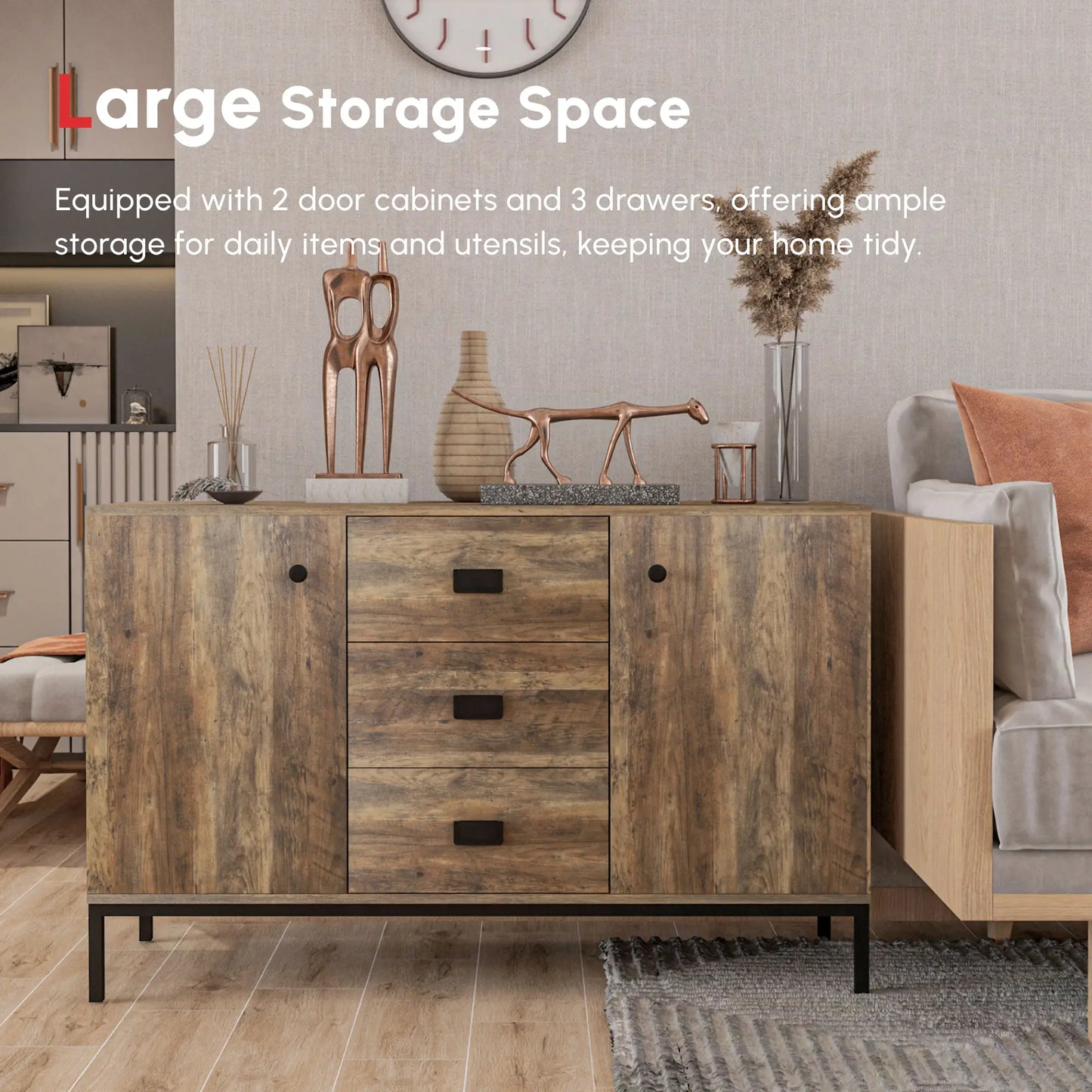 Industrial Sideboard Cabinet, 2 Doors, 3 Drawers, Shelves, Brown Bar Cabinets at Gallery Canada