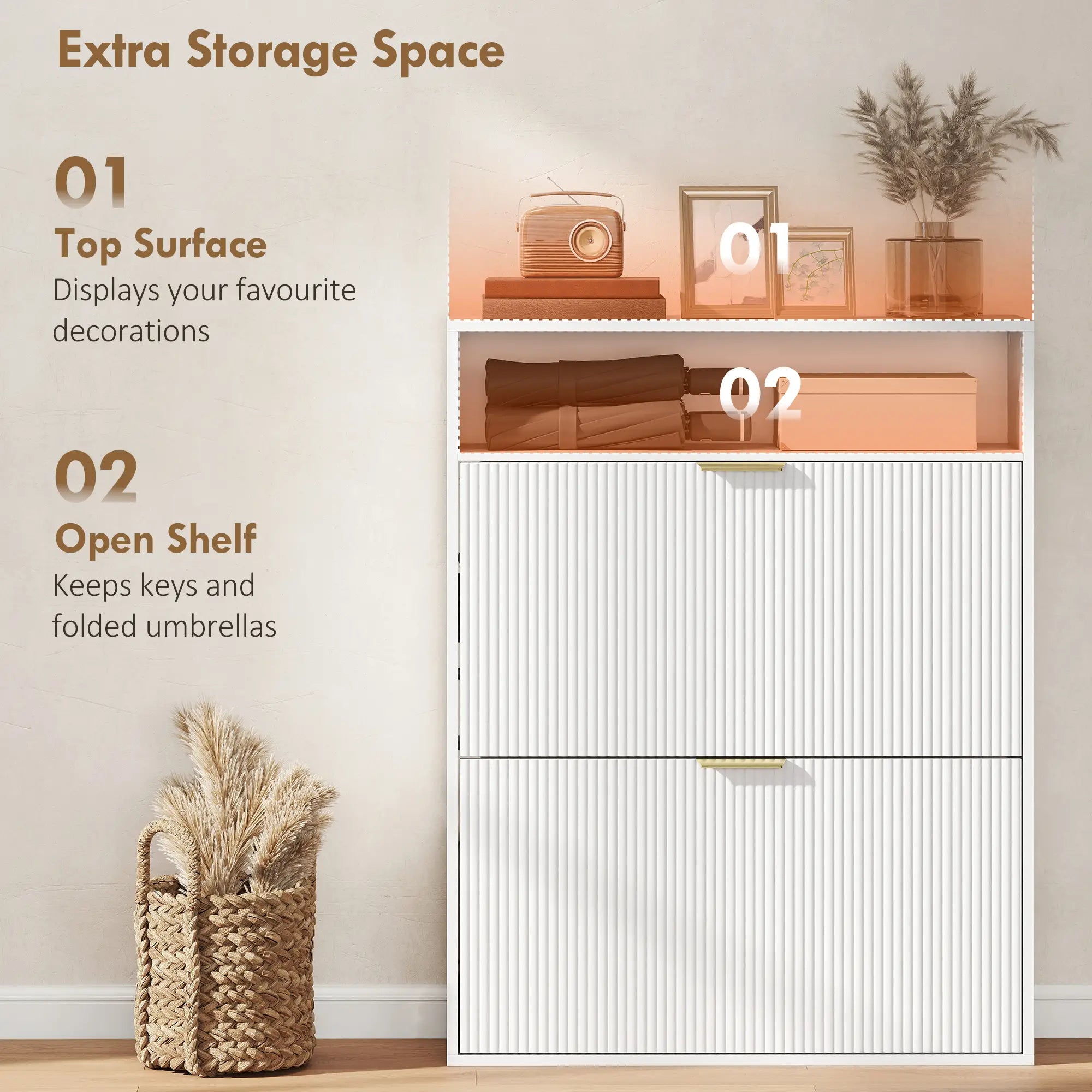 Narrow Shoe Cabinet With 2 Flip Drawers, Top Shelf, White Shoe Storage Cabinets & Racks at Gallery Canada