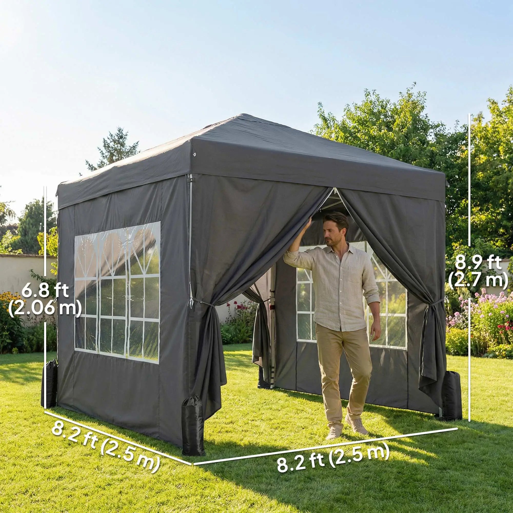 8.2 x 8.2 ft Pop Up Canopy Tent, 4 Sidewalls, UPF 50+, Sandbags, Dark Grey Pop Up Canopies at Gallery Canada