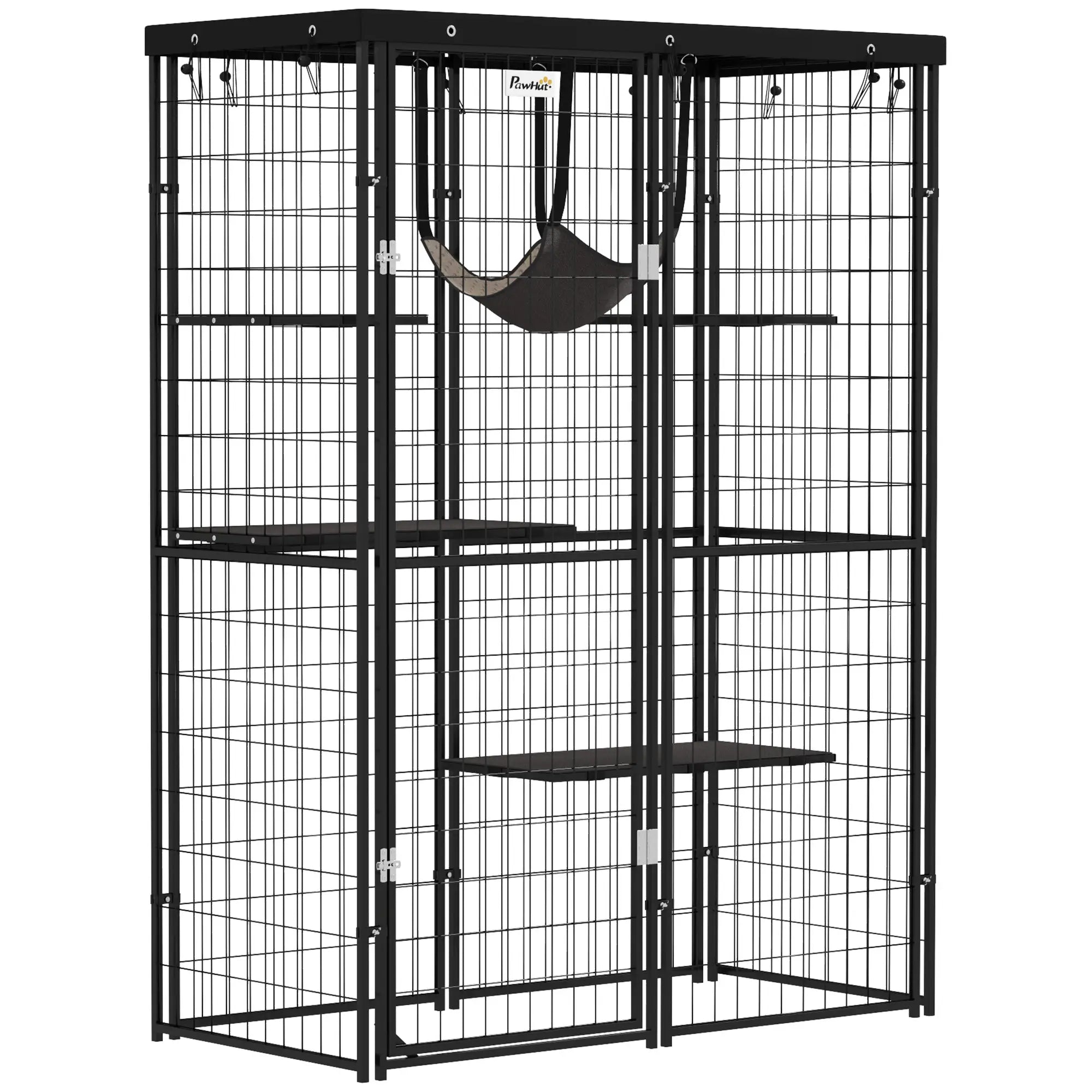 Metal Cat Cage, Waterproof Cover, 4 Platforms, Hammock, 46.5