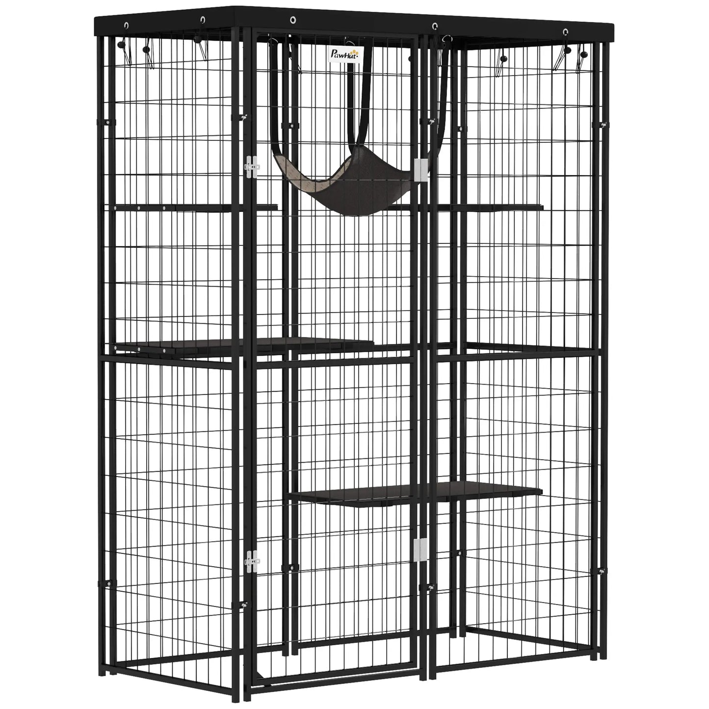 Metal Cat Cage, Waterproof Cover, 4 Platforms, Hammock, 46.5" x 22" x 62", Black Outdoor Cat Enclosures at Gallery Canada
