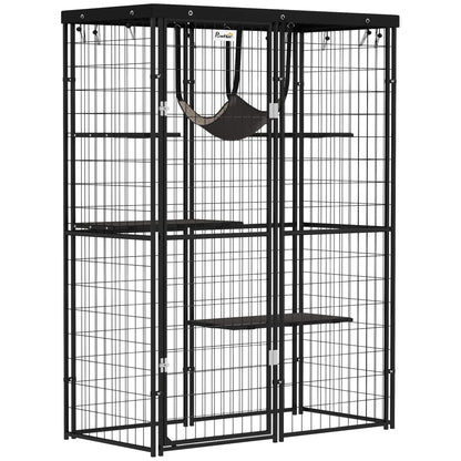Metal Cat Cage, Waterproof Cover, 4 Platforms, Hammock, 46.5" x 22" x 62", Black Outdoor Cat Enclosures at Gallery Canada