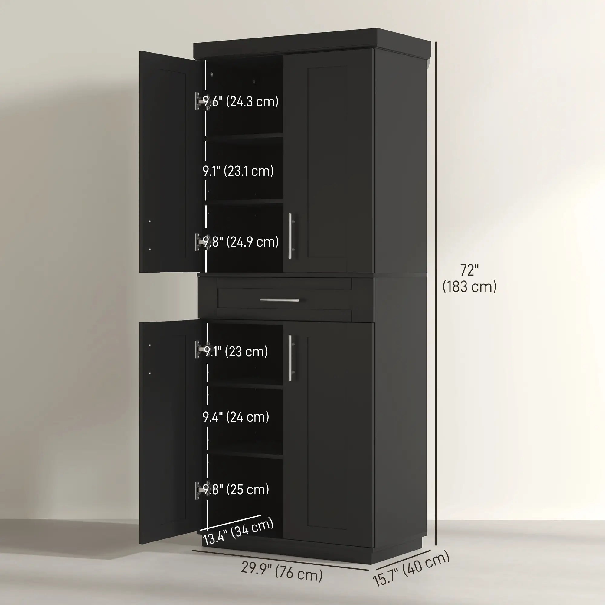 72 Storage Cabinet, 4 Doors, Drawer, 3 Adjustable Shelves, Black Kitchen Pantry Cabinets at Gallery Canada